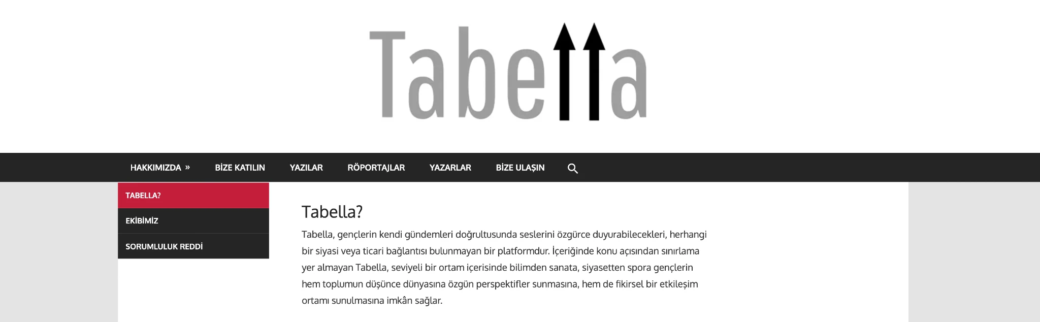 Tabella’nın ilk internet sitesinin ekran görüntüsü: Tabella logosu, menü ve “Tabella?” başlıklı tanıtım yazısı.